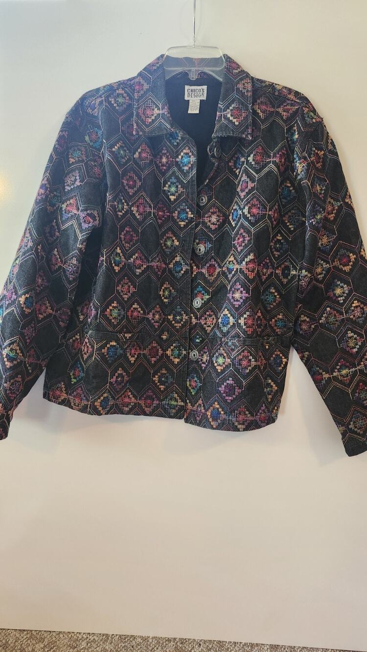 Chico's Design Vintage Southwestern Tapestry Denim Jacket Size 2 (Large) #233